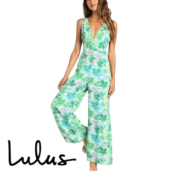 Lulus Pants - Lulu's Green Floral Jumpsuit Size L